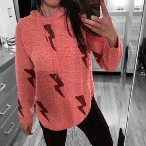NWT⚡️Cozy Pullover Hoodie Medium Pink Long Sleeve Lightning Bolt Teddy Fuzzy
